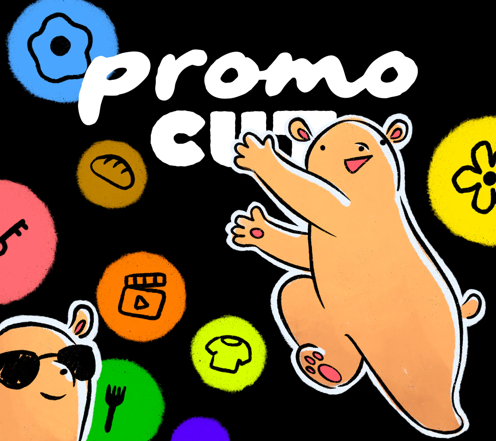Promo Cub characters surrounded by colorful icons representing the businesses and content PromoCut supports